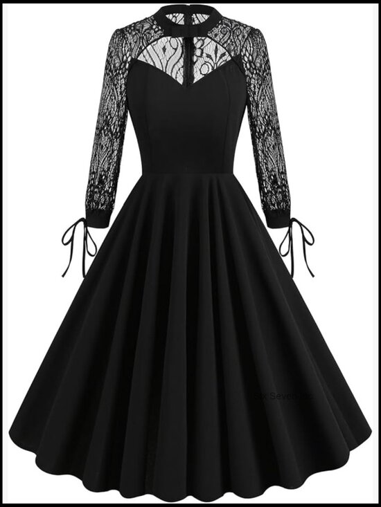 Dresses & Skirts - Women Mesh Floral Embroidery Vintage Cocktail Swing Dress Illusion 50s Goth